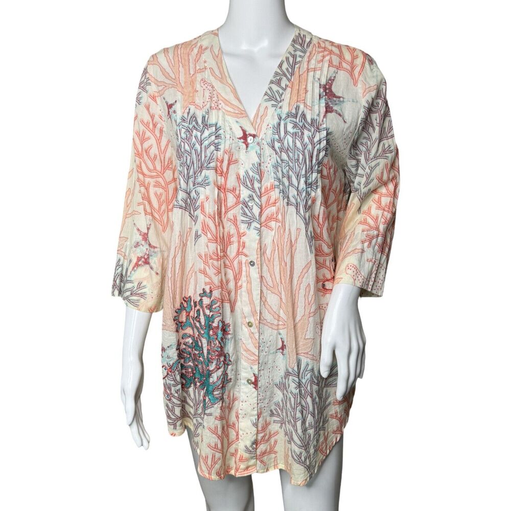Soft Surroundings Shirt Women Small Petite Cream Multicolor Coral Reef Tunic Top